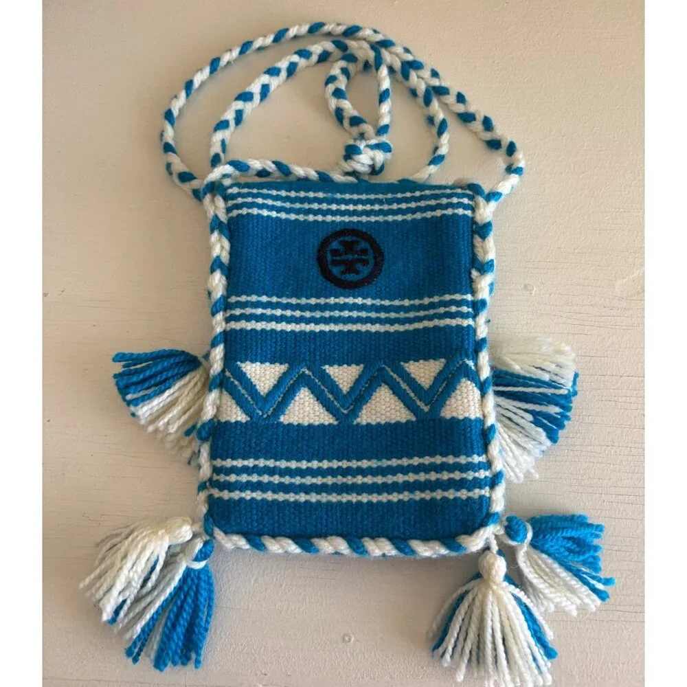 Tory Burch Woven Crossbody Phone Carrier Bag Blue & White - Picture 7 of 14